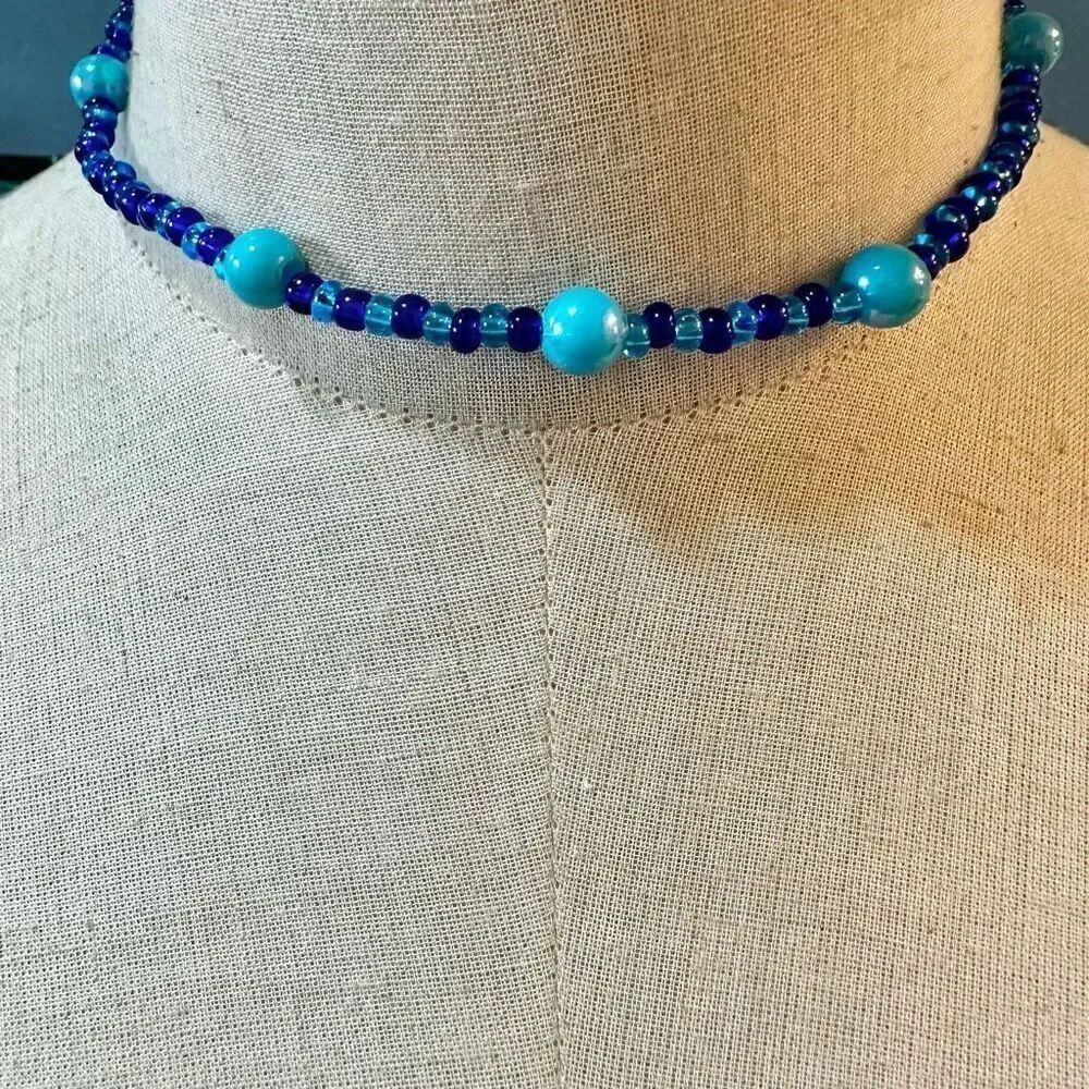 Blue beaded choker necklace
